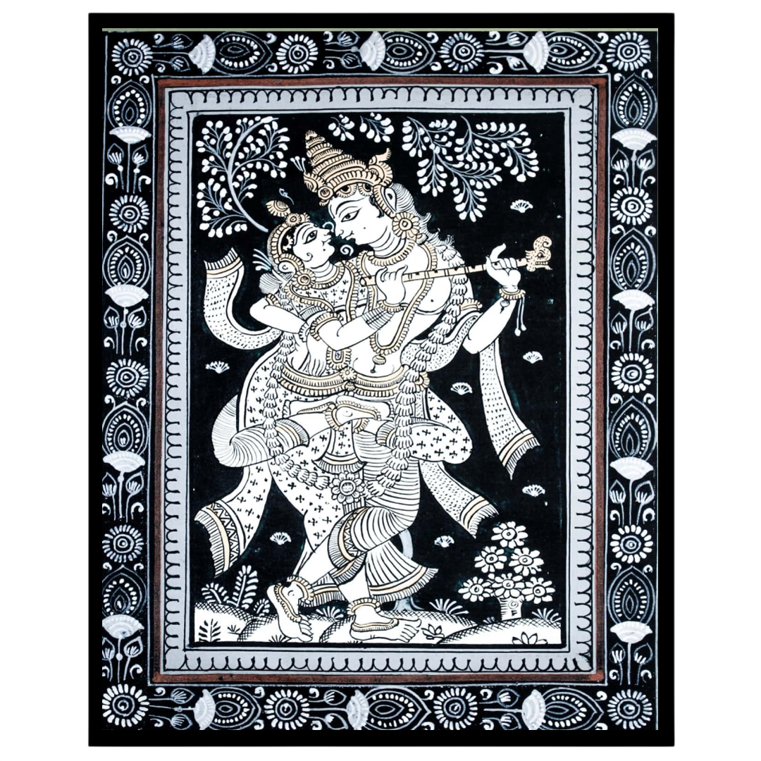 This exquisite Pattachitra artwork captures the timeless love story of Radha and Krishna in a for loft