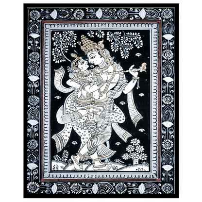 This exquisite Pattachitra artwork captures the timeless love story of Radha and Krishna in a for loft