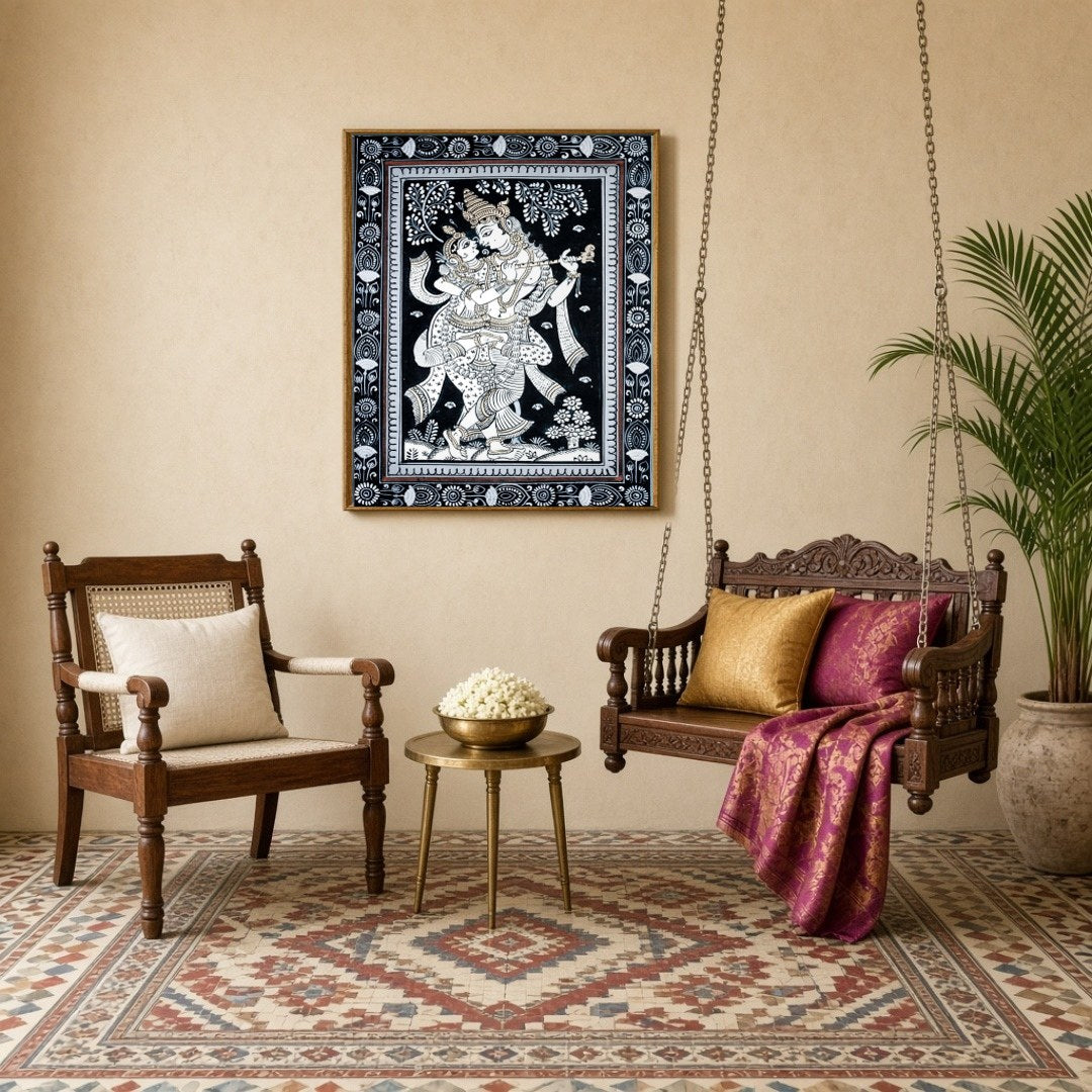 This exquisite Pattachitra artwork captures the timeless love story of Radha and Krishna in a for Sitting Lounge