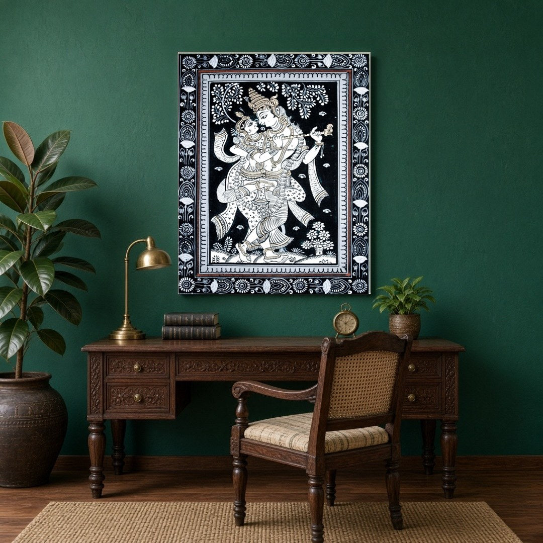 This exquisite Pattachitra artwork captures the timeless love story of Radha and Krishna in a for Study