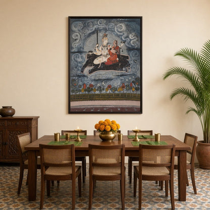 This captivating artwork depicts Shiva and Parvati gracefully positioned above ethereal waters, for Dining