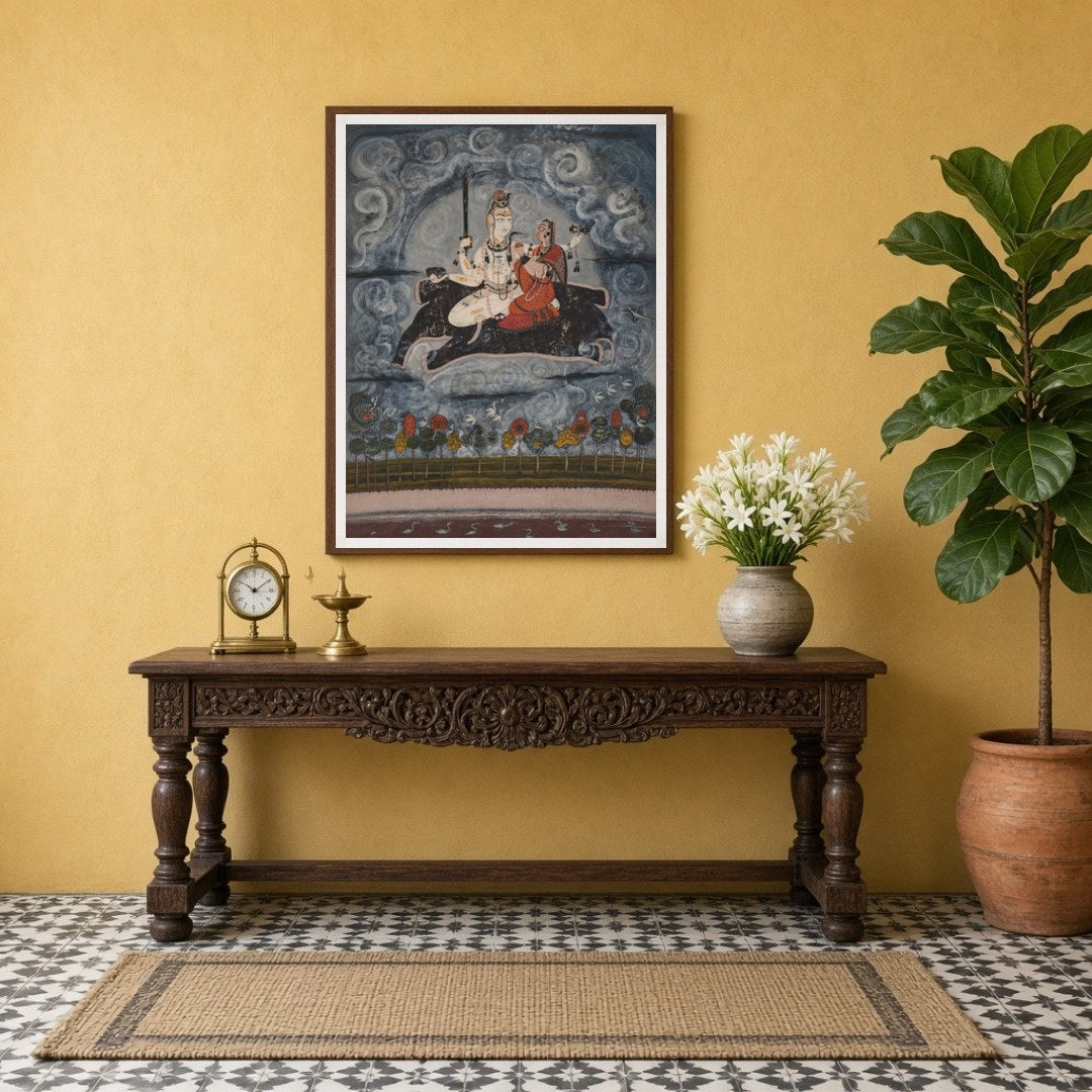 This captivating artwork depicts Shiva and Parvati gracefully positioned above ethereal waters, for Entrance