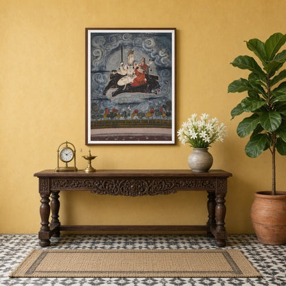 This captivating artwork depicts Shiva and Parvati gracefully positioned above ethereal waters, for Entrance