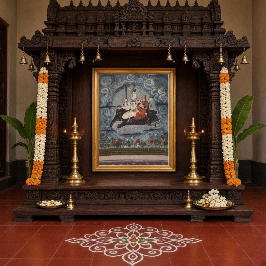 This captivating artwork depicts Shiva and Parvati gracefully positioned above ethereal waters, for Home Temple