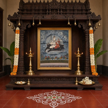 This captivating artwork depicts Shiva and Parvati gracefully positioned above ethereal waters, for Home Temple