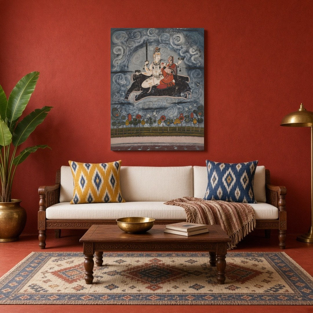 This captivating artwork depicts Shiva and Parvati gracefully positioned above ethereal waters, for Living Room