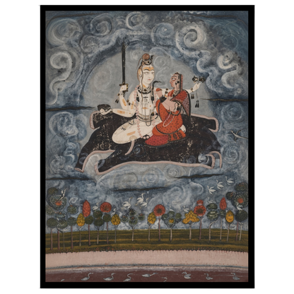 This captivating artwork depicts Shiva and Parvati gracefully positioned above ethereal waters, for place