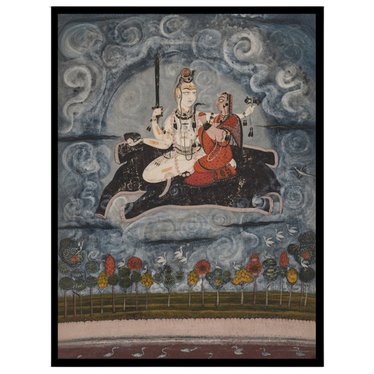 This captivating artwork depicts Shiva and Parvati gracefully positioned above ethereal waters, for place