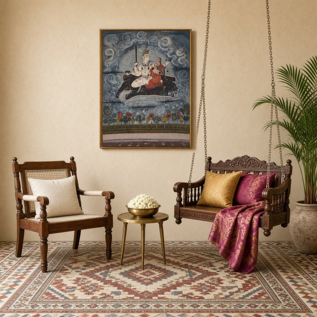 This captivating artwork depicts Shiva and Parvati gracefully positioned above ethereal waters, for Sitting Lounge