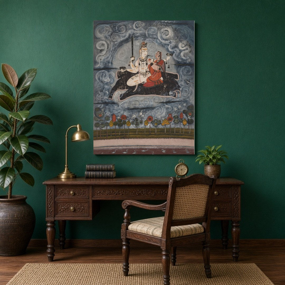 This captivating artwork depicts Shiva and Parvati gracefully positioned above ethereal waters, for Study