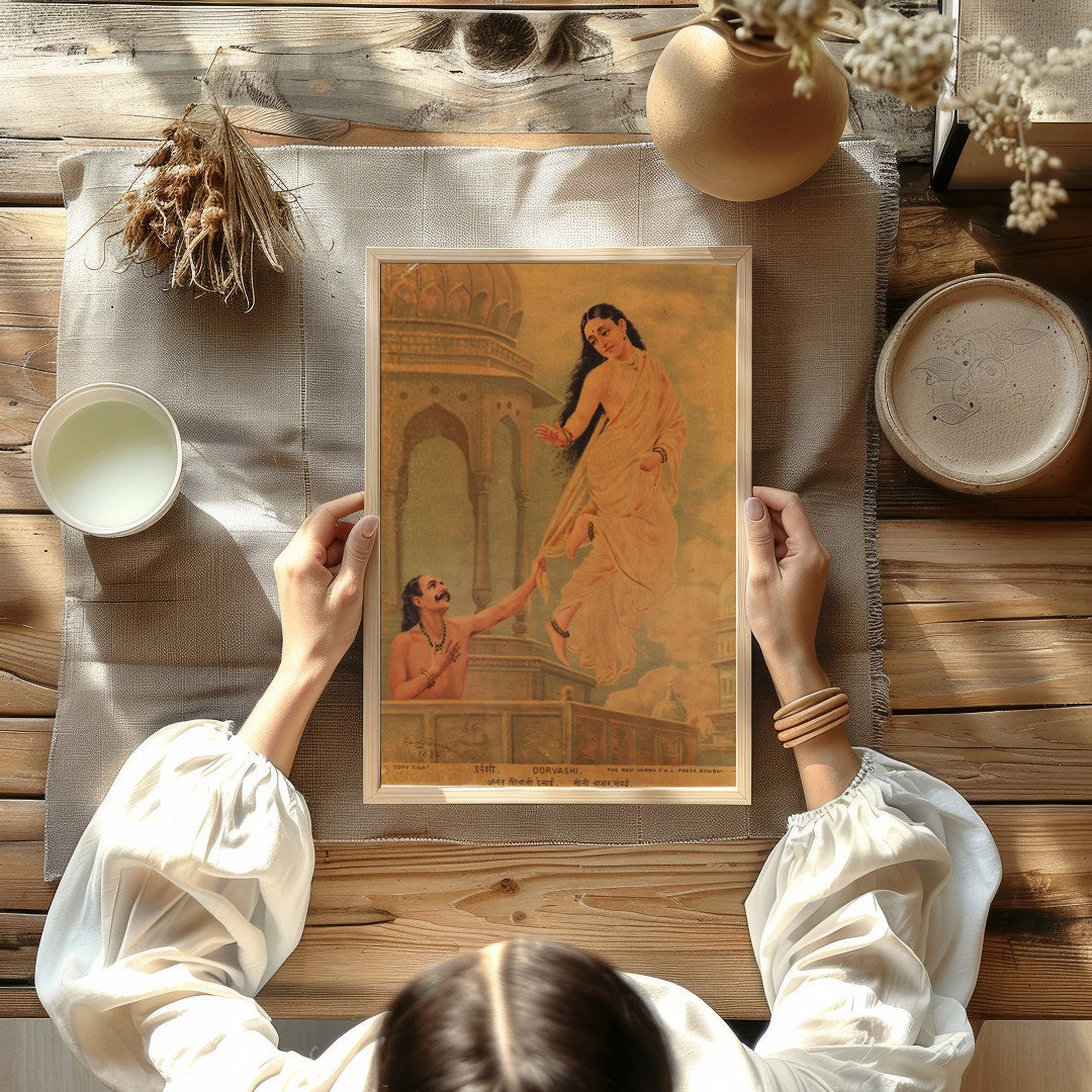 Dive into a world of myth and enchantment with this stunning artwork depicting Urvashi, a celestial for Kitchen