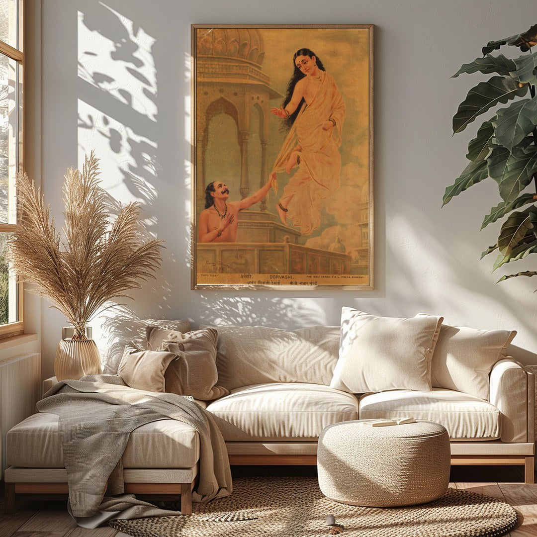 Dive into a world of myth and enchantment with this stunning artwork depicting Urvashi, a celestial for Sitting Area