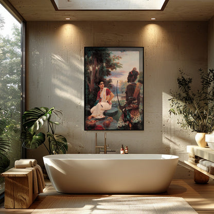 This captivating artwork portrays an enchanting riverside meeting steeped in cultural richness. The for Bathroom
