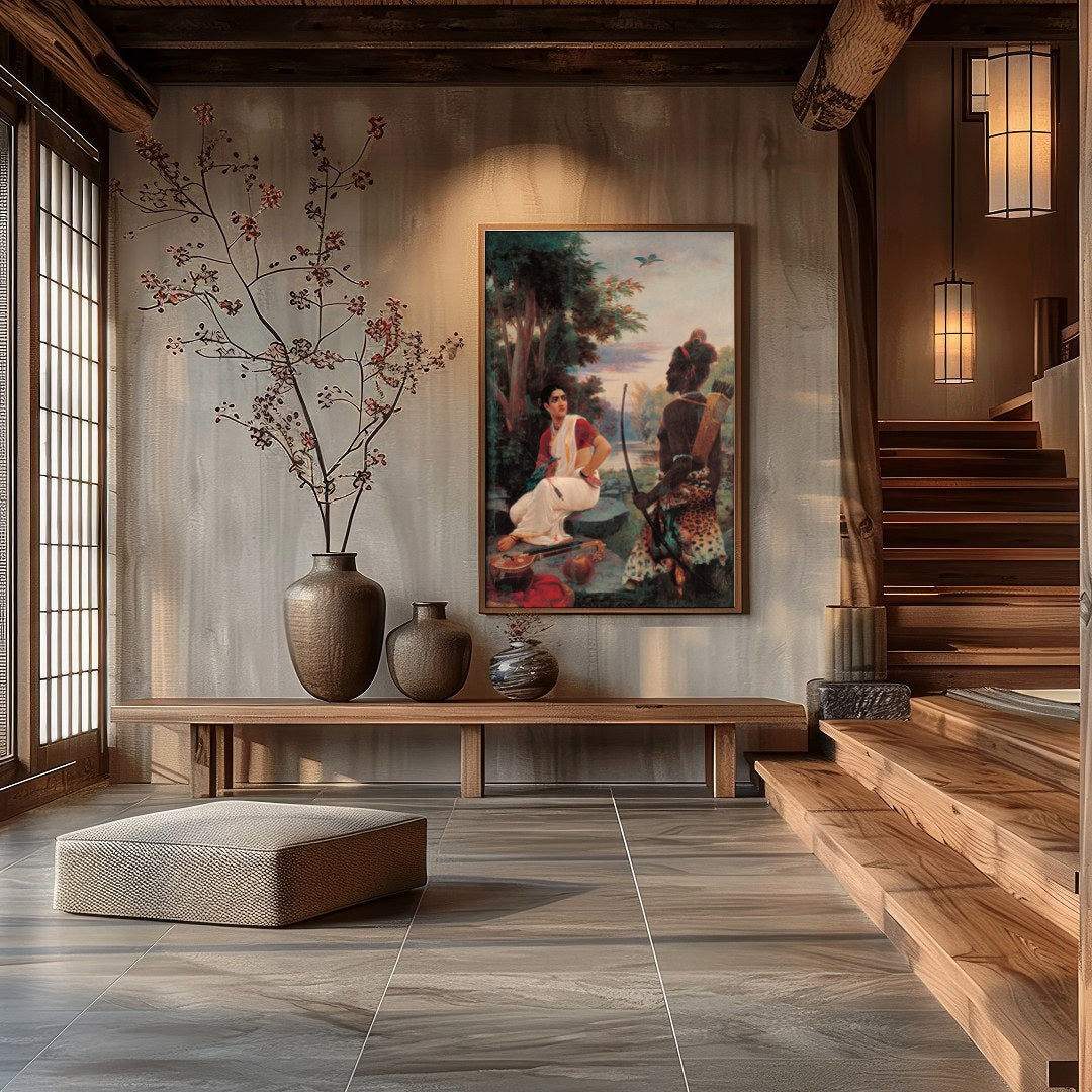 This captivating artwork portrays an enchanting riverside meeting steeped in cultural richness. The for Hall