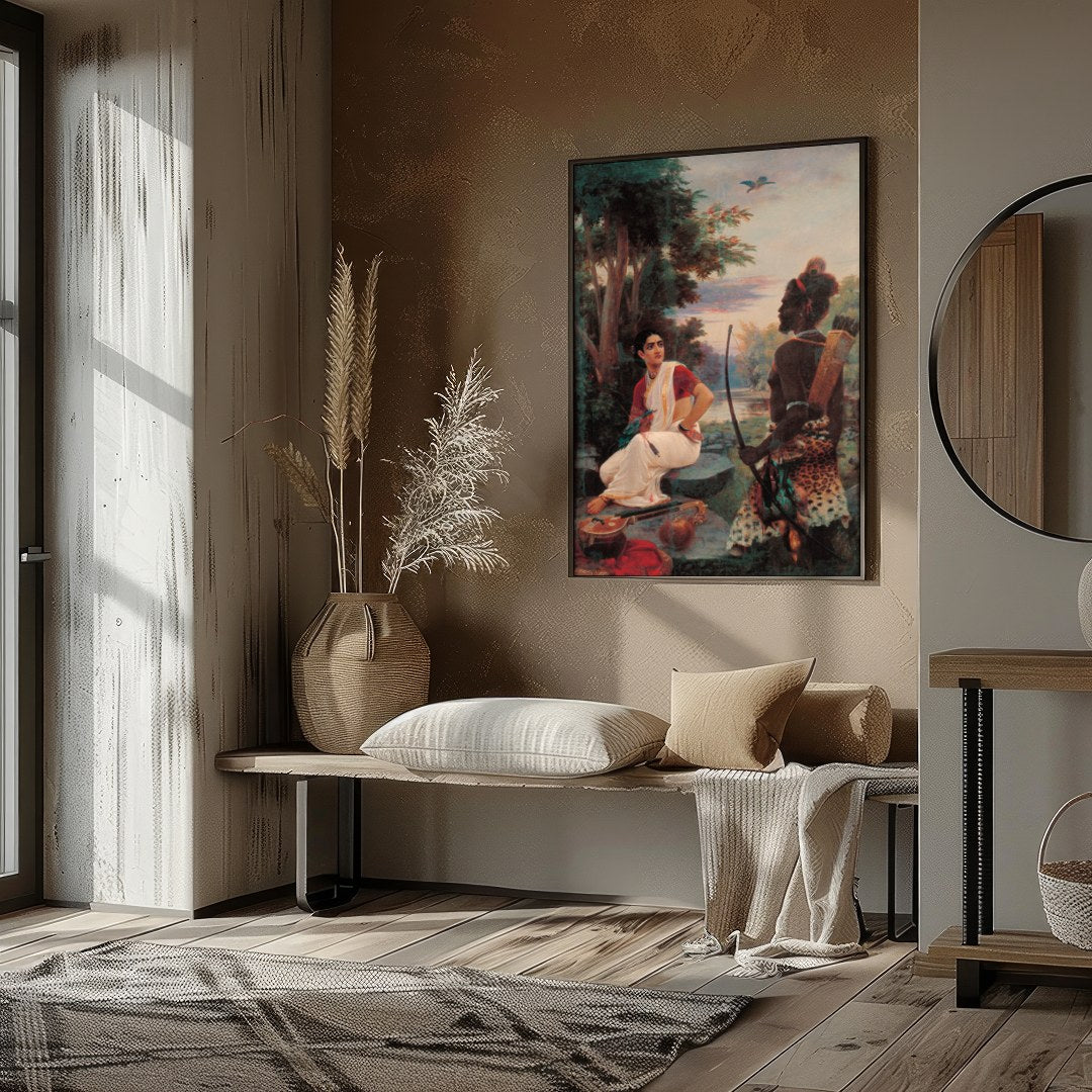 This captivating artwork portrays an enchanting riverside meeting steeped in cultural richness. The for house
