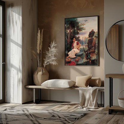 This captivating artwork portrays an enchanting riverside meeting steeped in cultural richness. The for house