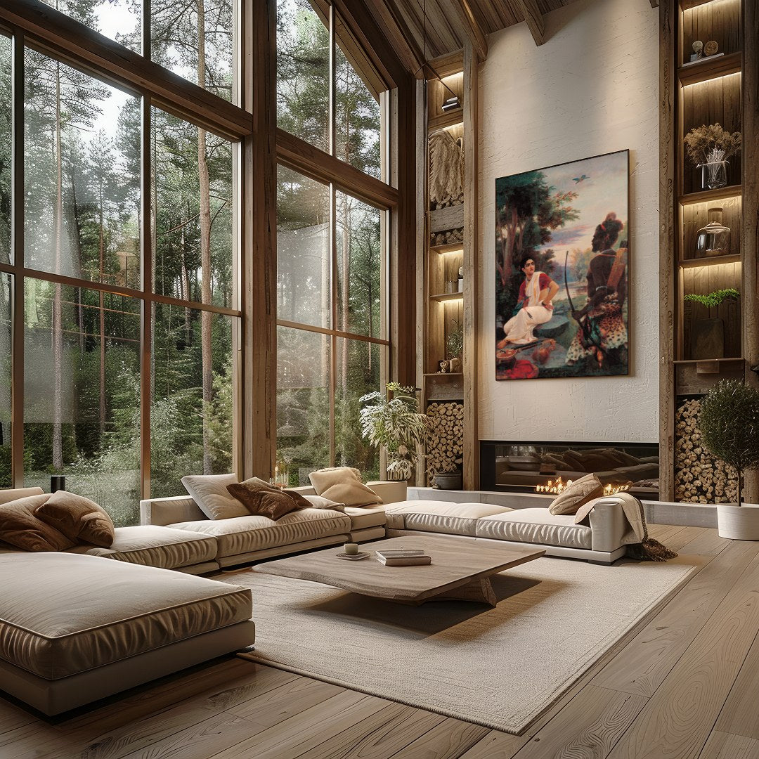 This captivating artwork portrays an enchanting riverside meeting steeped in cultural richness. The for Living Room