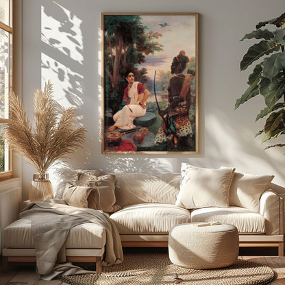 This captivating artwork portrays an enchanting riverside meeting steeped in cultural richness. The for Sitting Area