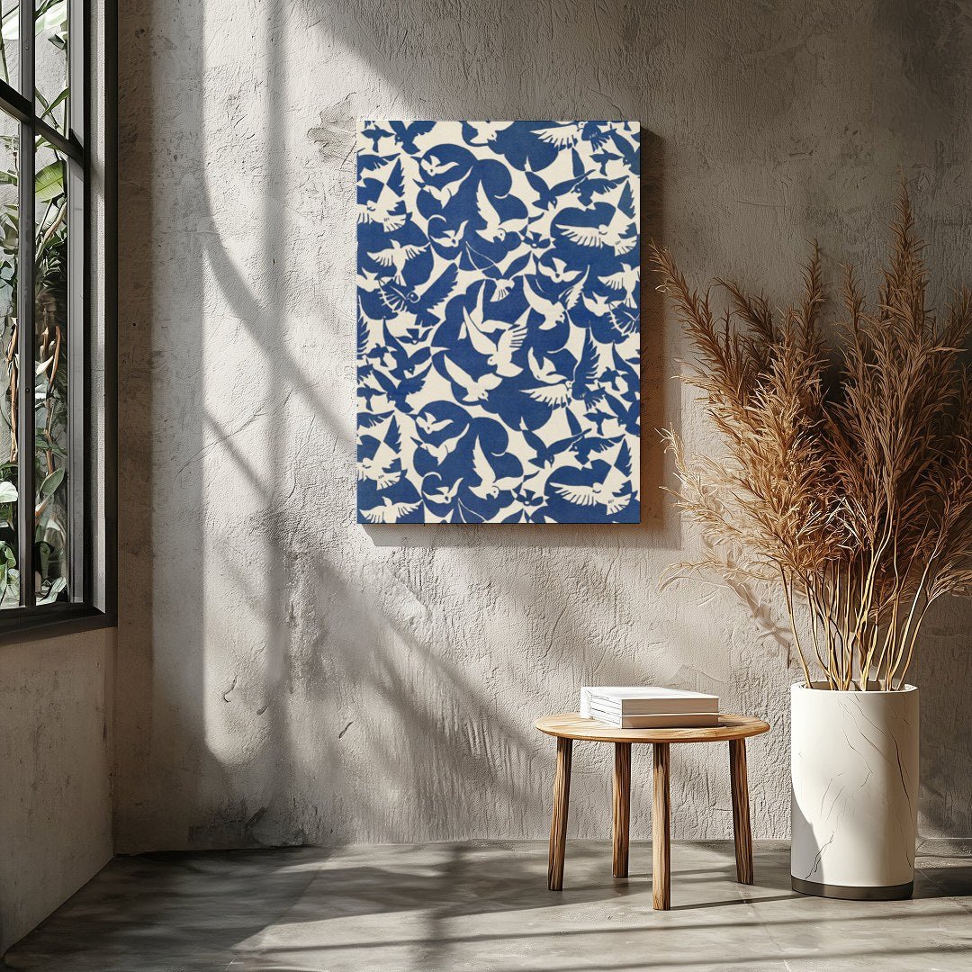 Experience the serene beauty of doves in flight with this striking artwork. The harmonious contrast for Entrance
