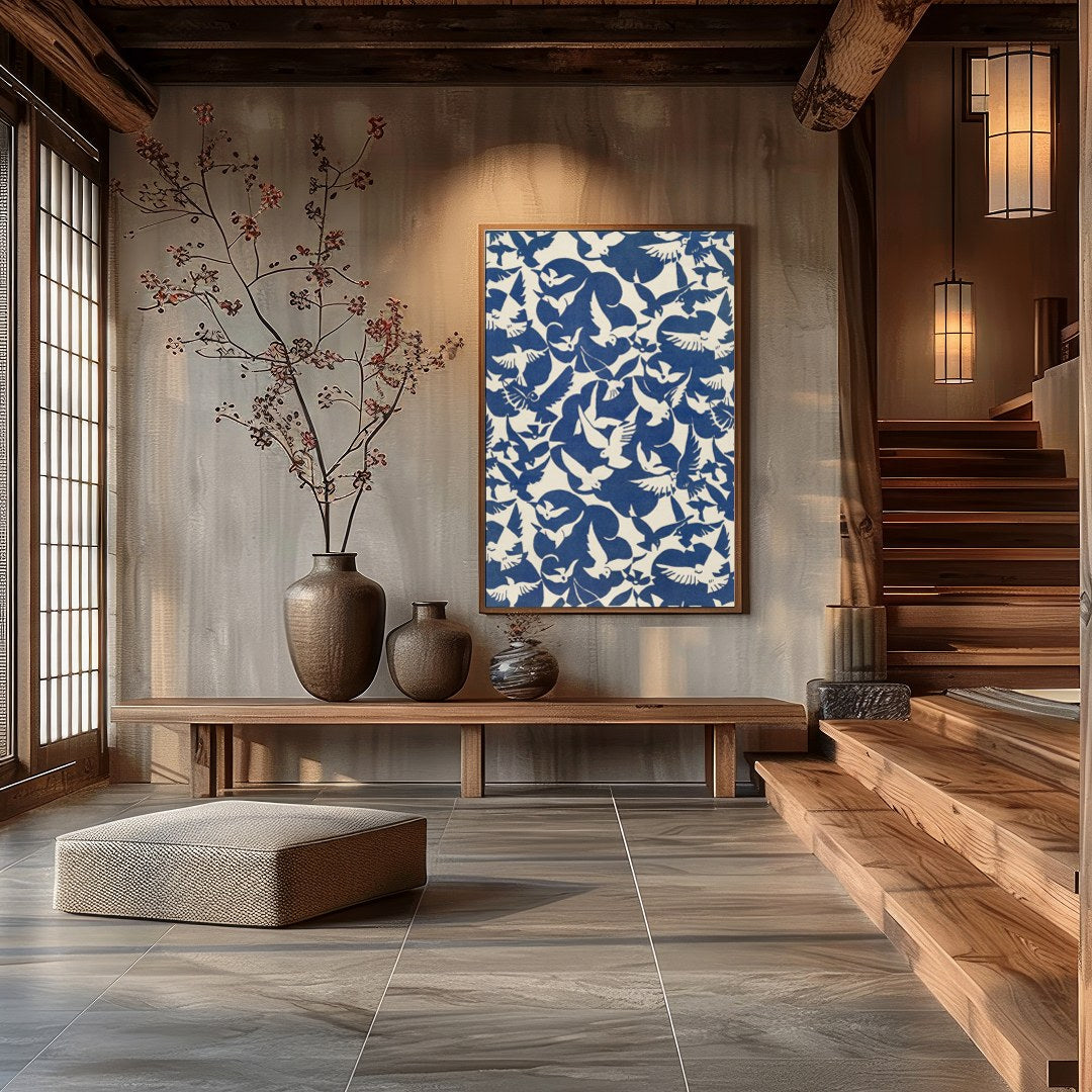 Experience the serene beauty of doves in flight with this striking artwork. The harmonious contrast for Hall