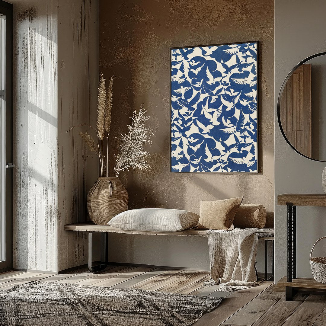 Experience the serene beauty of doves in flight with this striking artwork. The harmonious contrast for nook