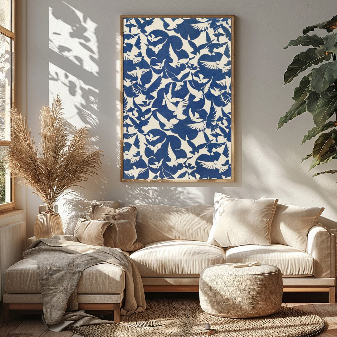 Experience the serene beauty of doves in flight with this striking artwork. The harmonious contrast for Sitting Area