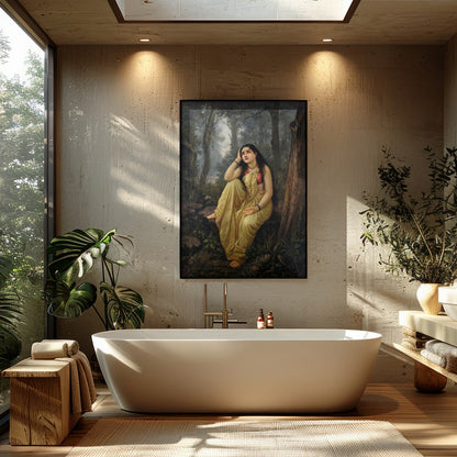This exquisite artwork captures a moment of serene reflection amidst a lush forest setting. The for Bathroom