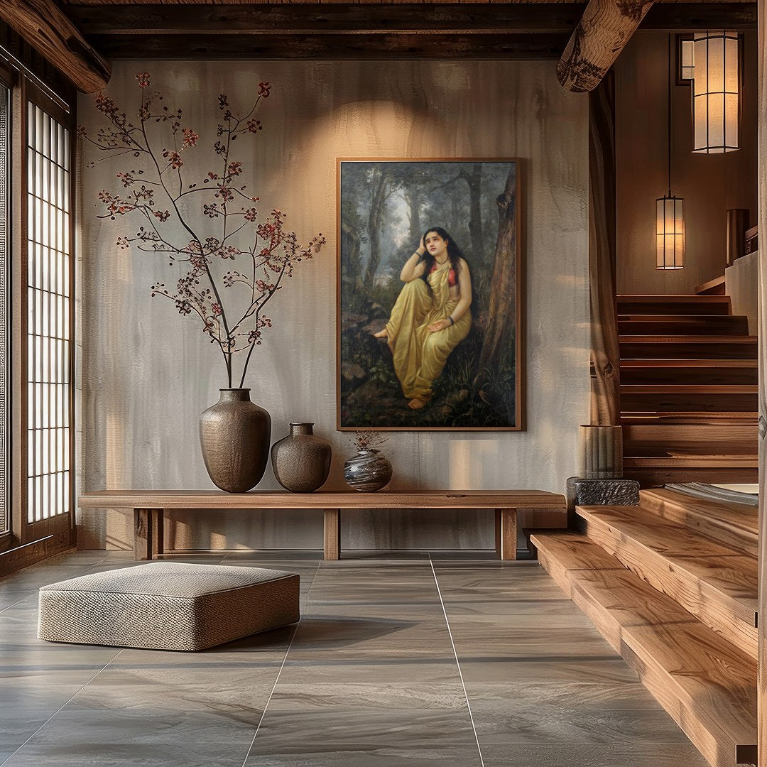 This exquisite artwork captures a moment of serene reflection amidst a lush forest setting. The for Hall
