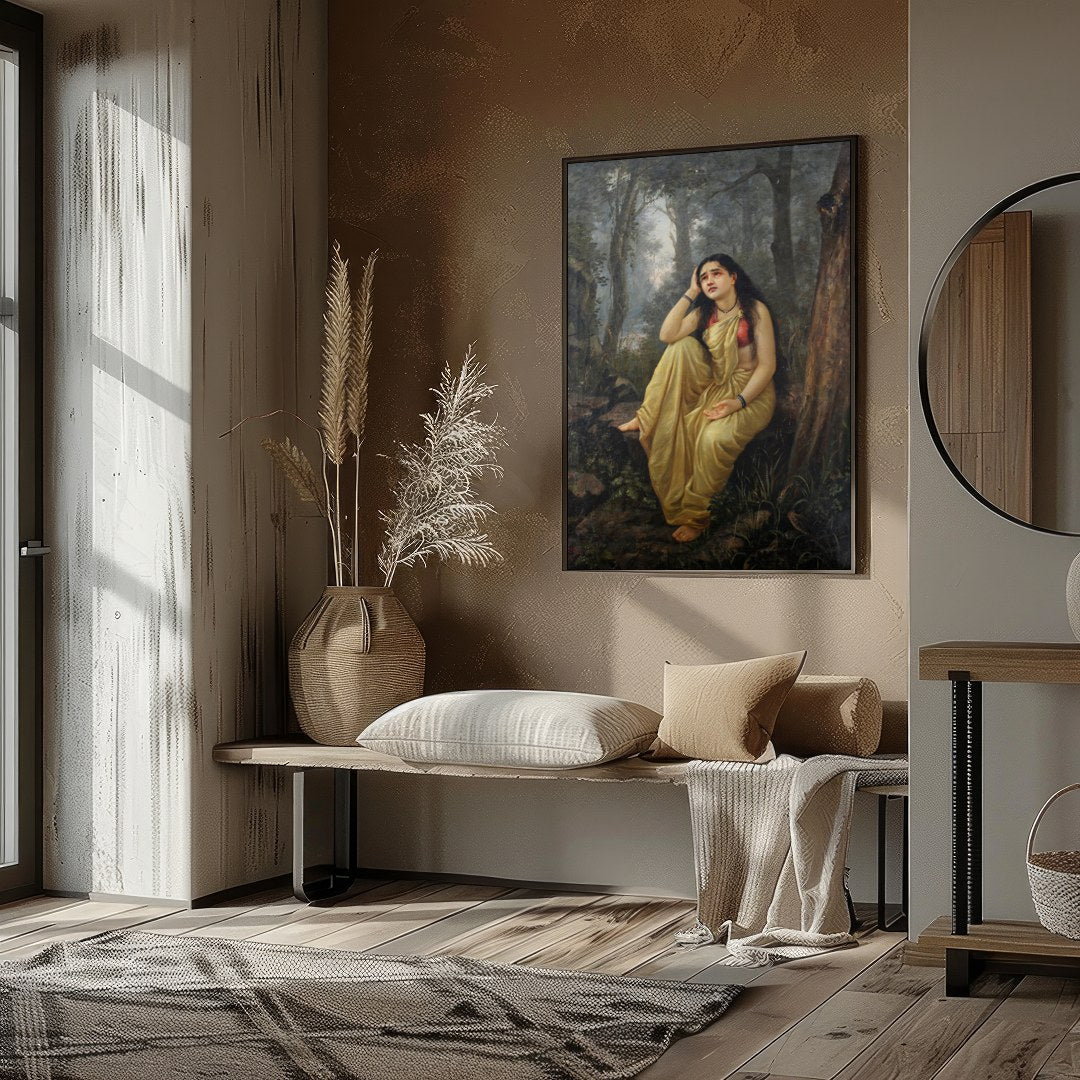 This exquisite artwork captures a moment of serene reflection amidst a lush forest setting. The for retreat