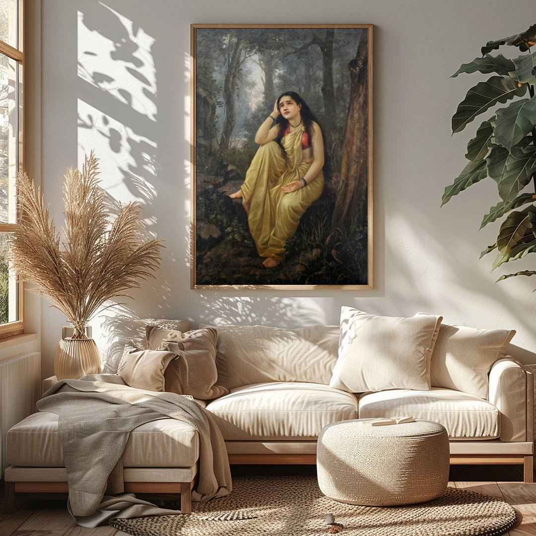 This exquisite artwork captures a moment of serene reflection amidst a lush forest setting. The for Sitting Area