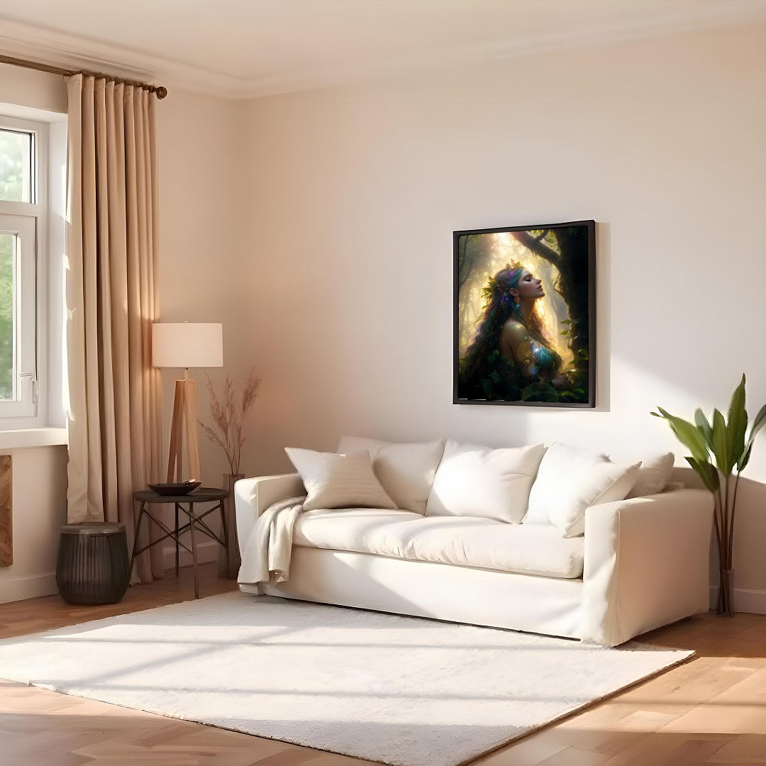 Immerse yourself in the mystique of nature with this stunning artwork depicting a serene goddess for Family Room