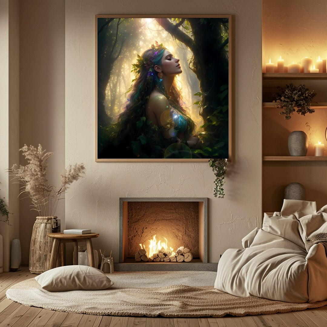 Immerse yourself in the mystique of nature with this stunning artwork depicting a serene goddess for Hall