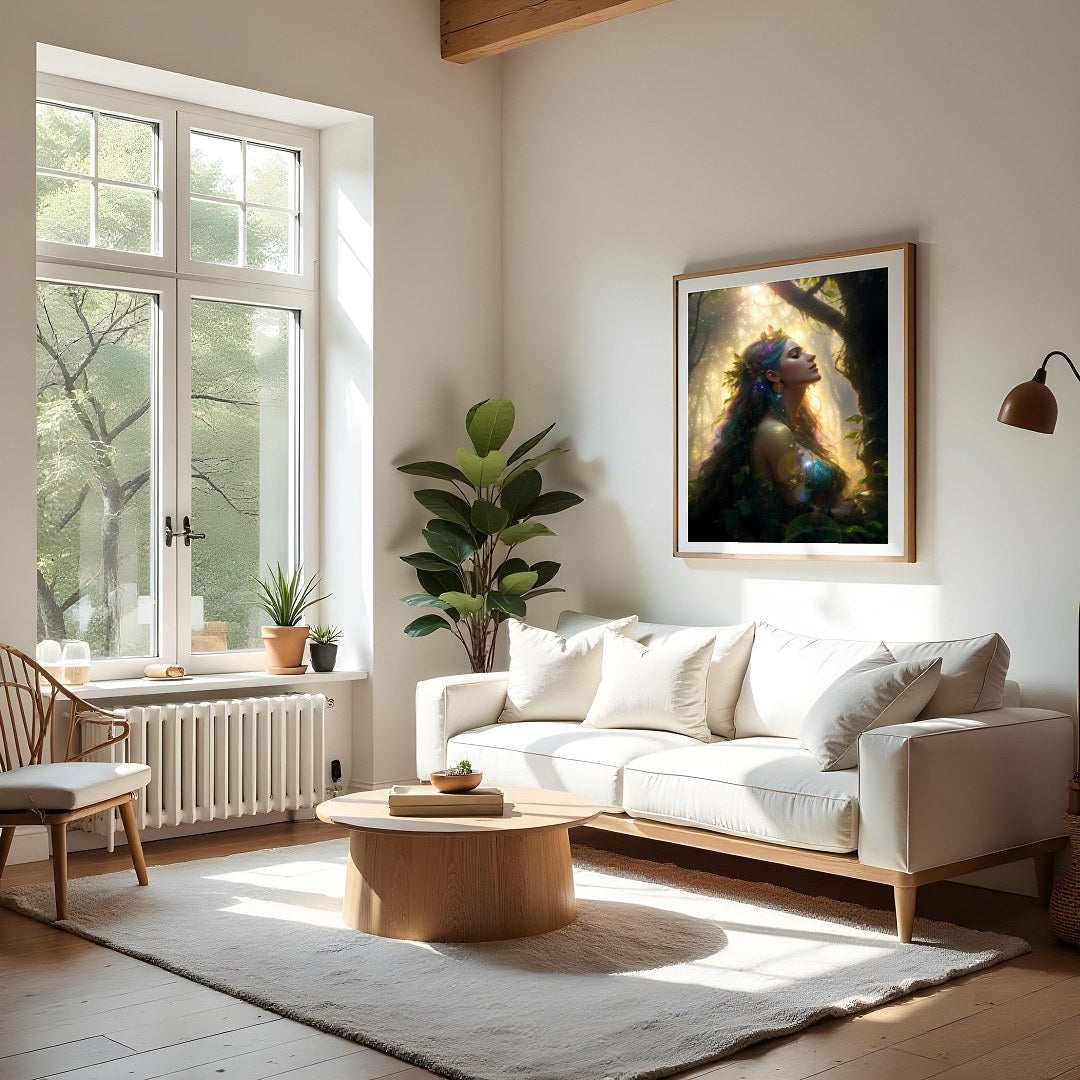 Immerse yourself in the mystique of nature with this stunning artwork depicting a serene goddess for Living Room