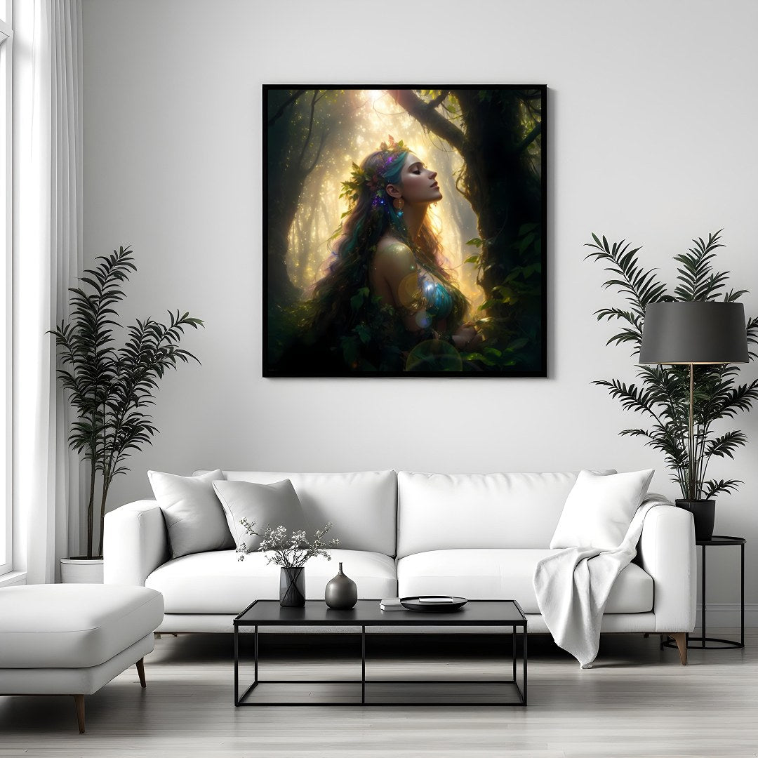 Immerse yourself in the mystique of nature with this stunning artwork depicting a serene goddess for Sitting Area