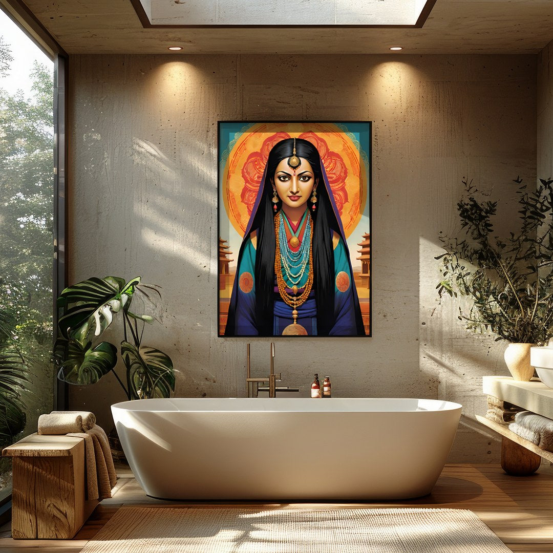 Immerse yourself in the mystique of this captivating artwork, featuring a goddess adorned in for Bathroom