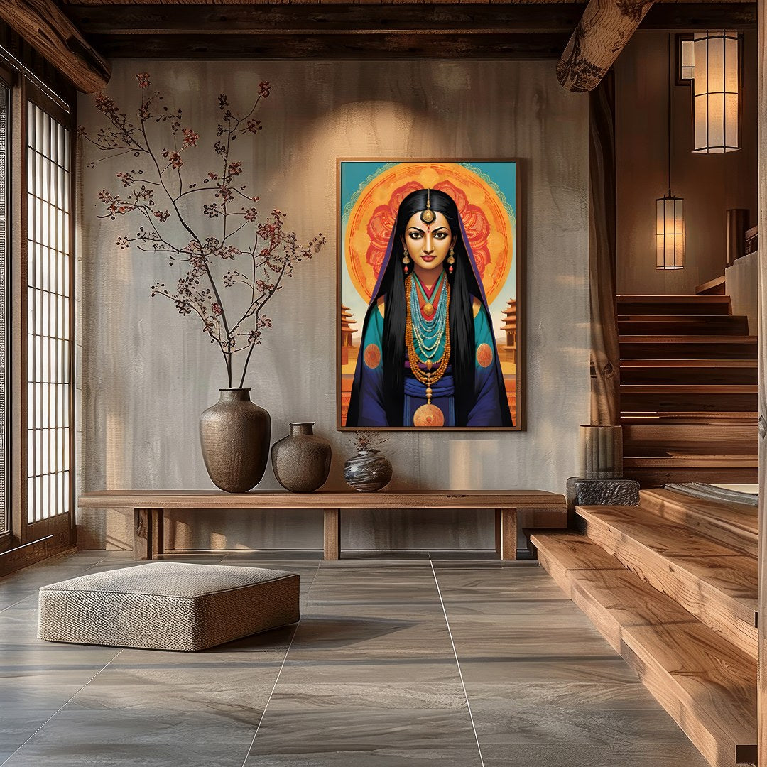 Immerse yourself in the mystique of this captivating artwork, featuring a goddess adorned in for Hall