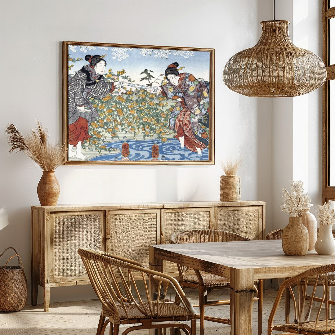 Immerse yourself in the timeless elegance of Japanese art with this exquisite piece, depicting two for Dining
