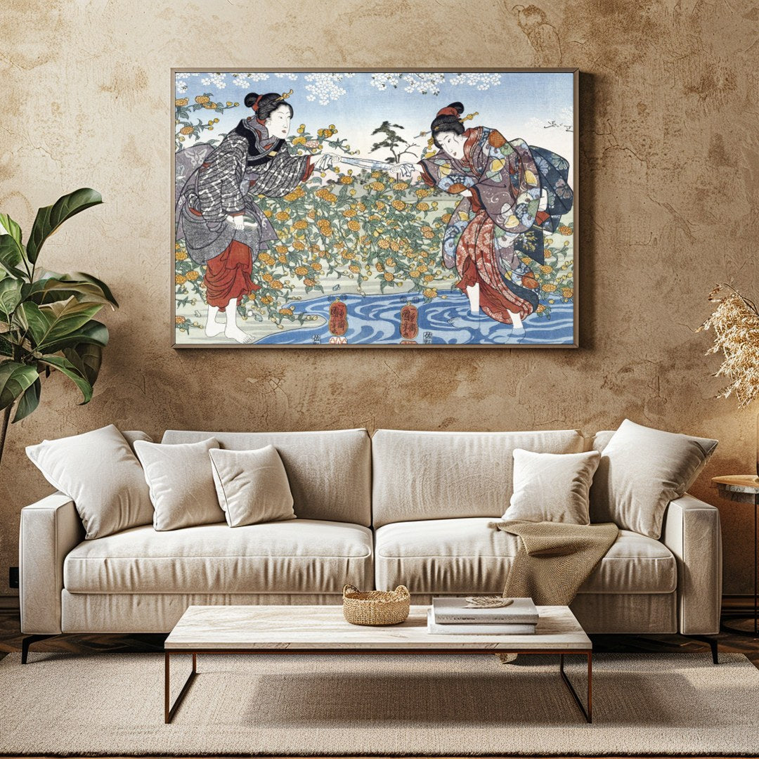 Immerse yourself in the timeless elegance of Japanese art with this exquisite piece, depicting two for Family Room