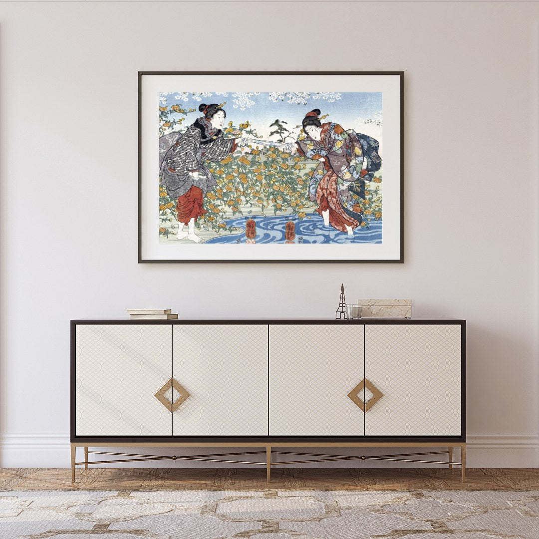 Immerse yourself in the timeless elegance of Japanese art with this exquisite piece, depicting two for Foyer