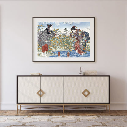 Immerse yourself in the timeless elegance of Japanese art with this exquisite piece, depicting two for Foyer
