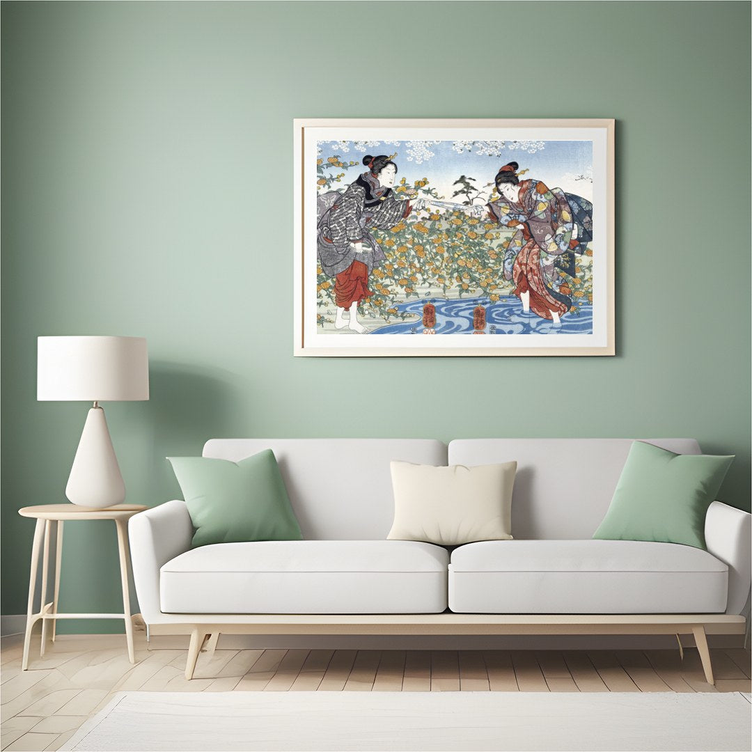 Immerse yourself in the timeless elegance of Japanese art with this exquisite piece, depicting two for Hall