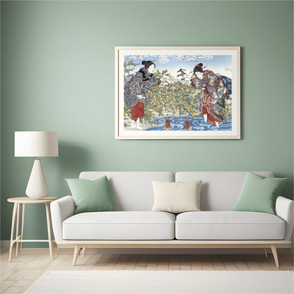 Immerse yourself in the timeless elegance of Japanese art with this exquisite piece, depicting two for Hall