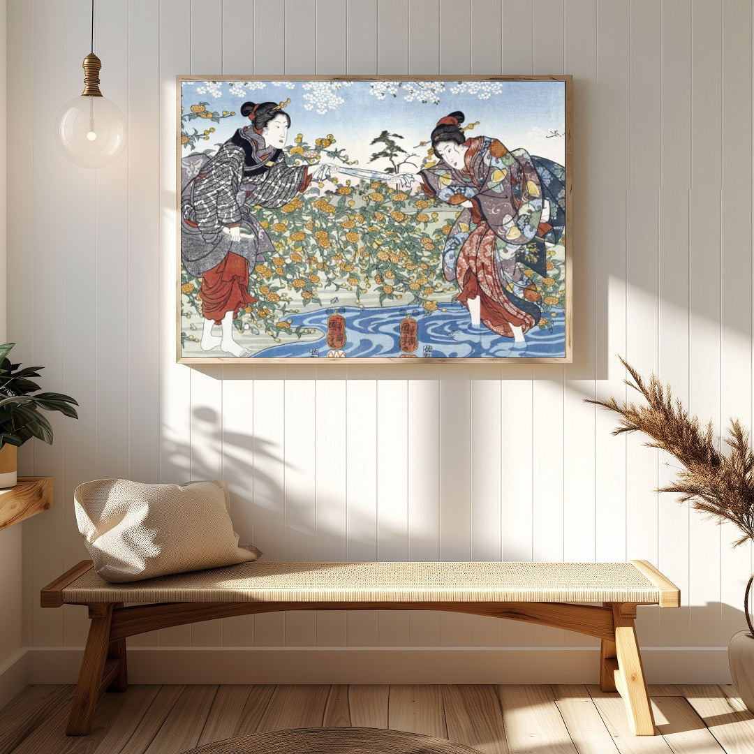 Immerse yourself in the timeless elegance of Japanese art with this exquisite piece, depicting two for Hallway