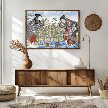 Immerse yourself in the timeless elegance of Japanese art with this exquisite piece, depicting two for Sitting Area