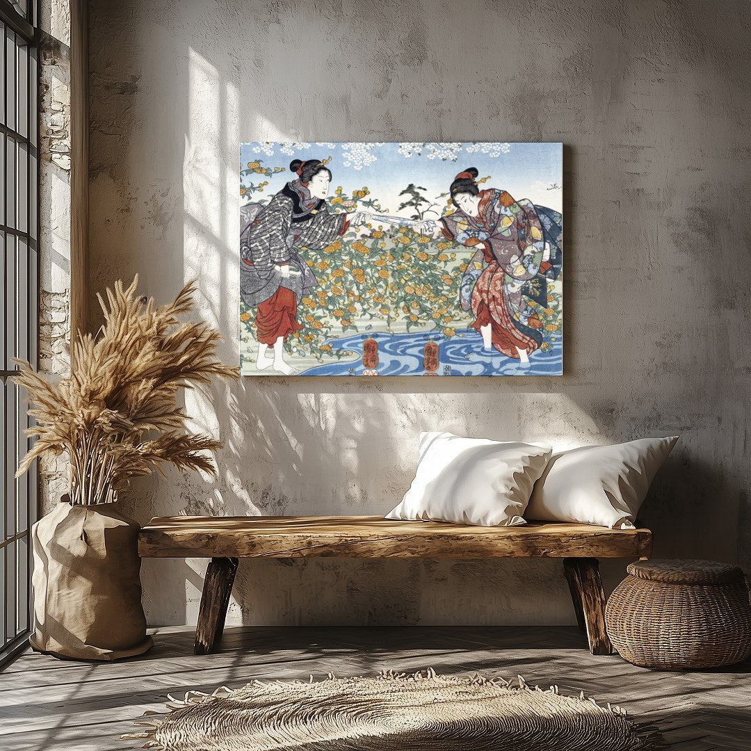 Immerse yourself in the timeless elegance of Japanese art with this exquisite piece, depicting two for Veranda