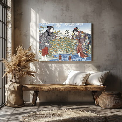 Immerse yourself in the timeless elegance of Japanese art with this exquisite piece, depicting two for Veranda