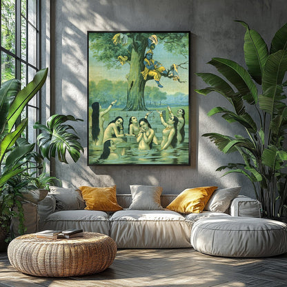 This enchanting piece captures the divine play of Krishna serenading while perched in a tree, for Balcony