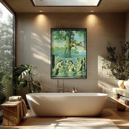 This enchanting piece captures the divine play of Krishna serenading while perched in a tree, for Bathroom