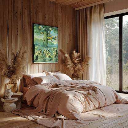 This enchanting piece captures the divine play of Krishna serenading while perched in a tree, for Bedroom