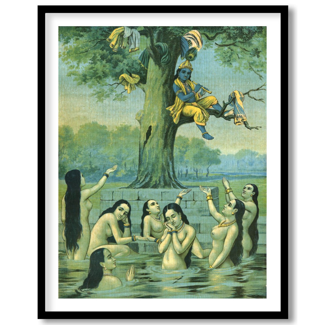 This enchanting piece captures the divine play of Krishna serenading while perched in a tree, for decor
